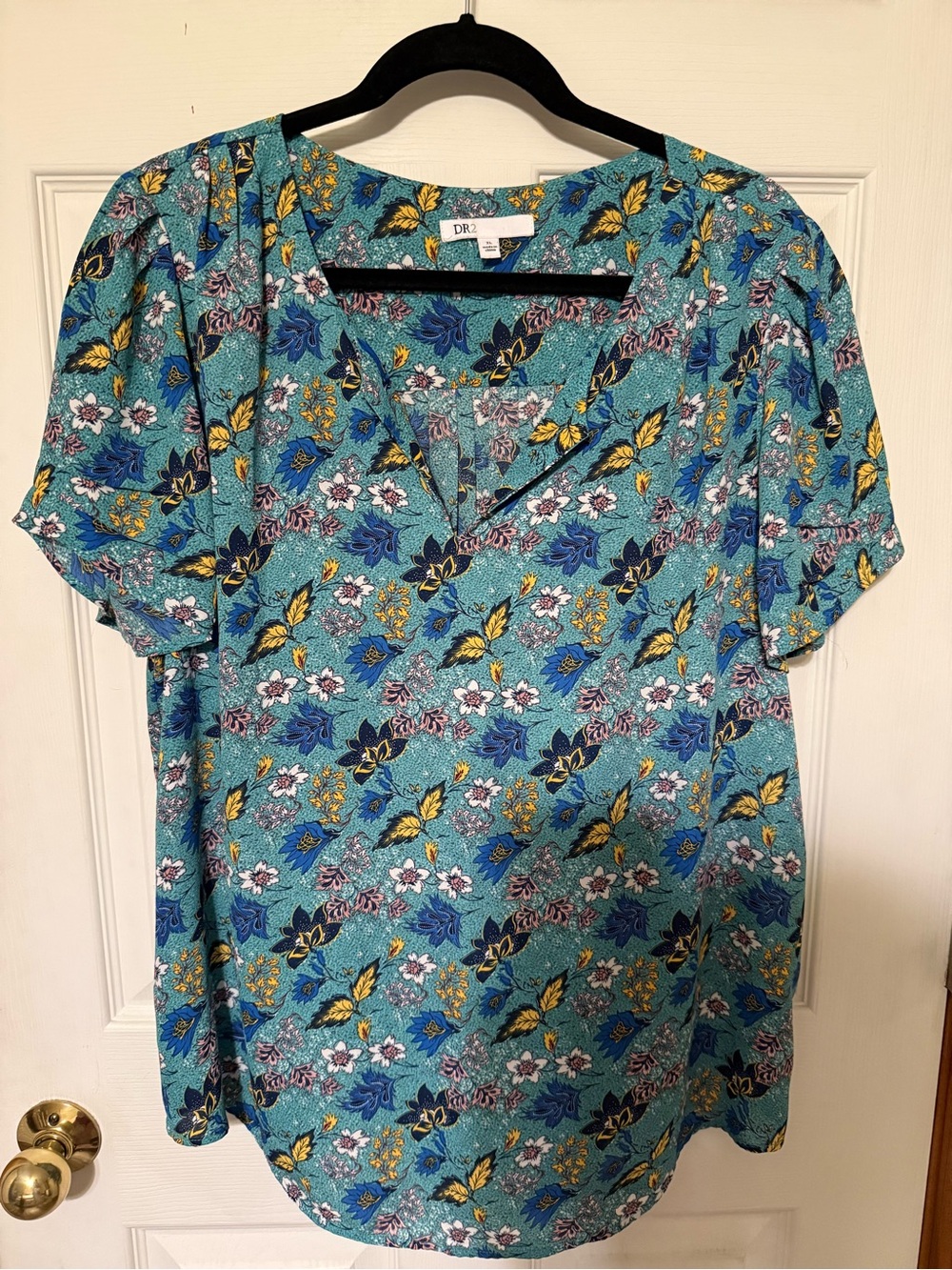 DR2 Teal Floral Split V-Neck Blouse with Yellow and Blue Accents